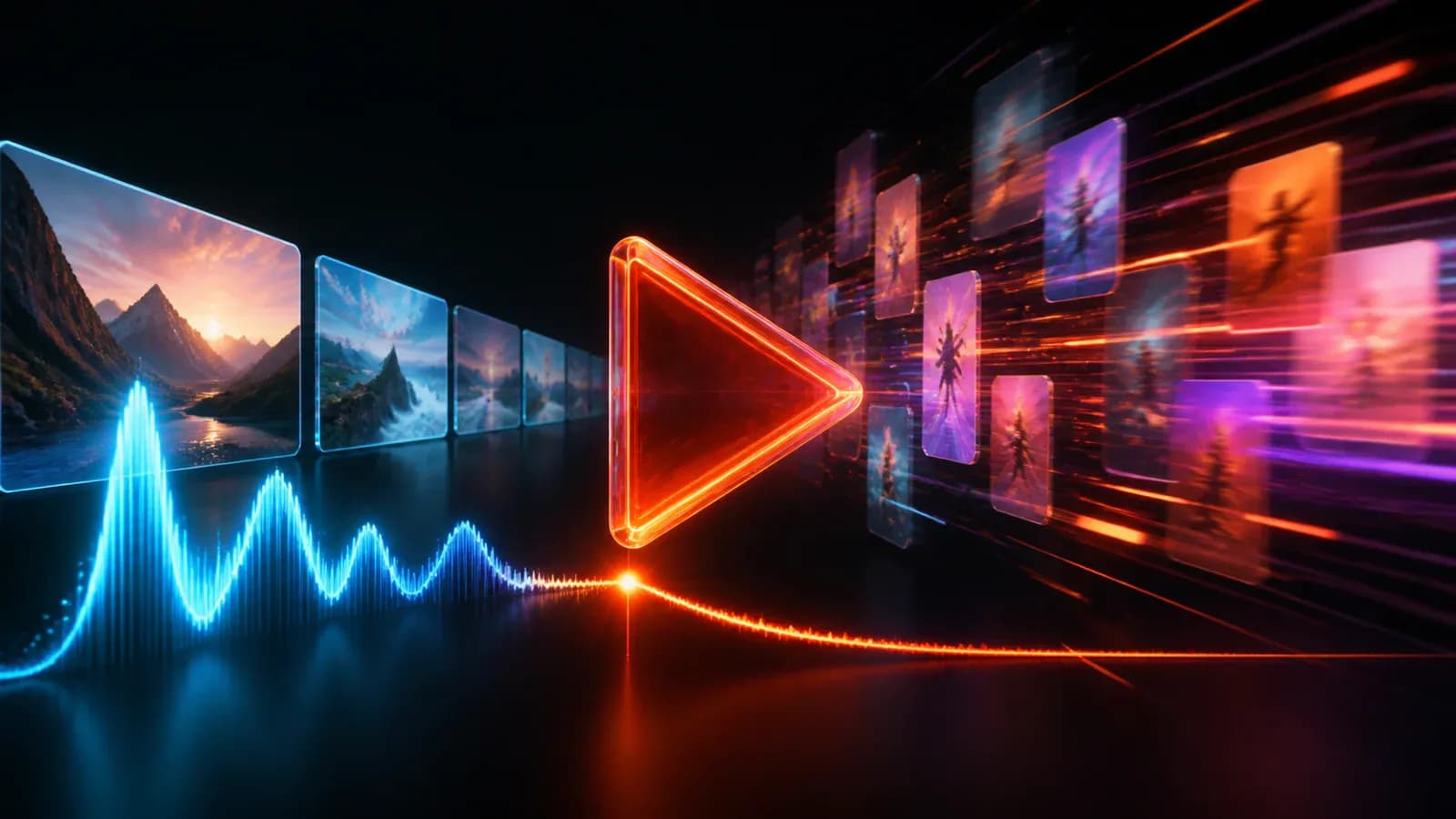 Símbolo de reproducción entre vídeos horizontales y Shorts que pasan a gran velocidad